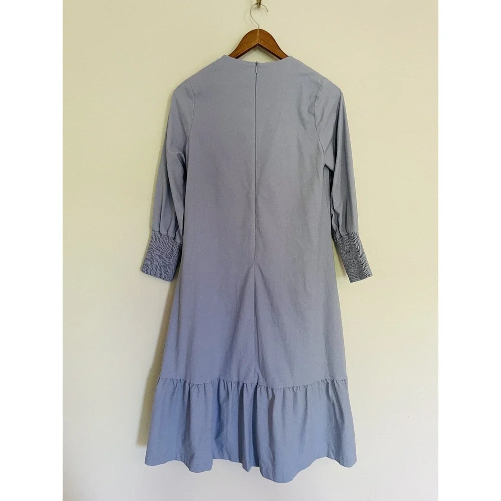 Mila Light Blue Smocked Long Sleeve Tiered‎ MIDI Dress. Size XS. Linen Blend.